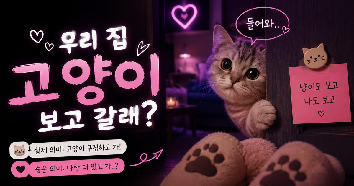 우리 집 고양이 보고 갈래? 뜻을 보여주는 이미지